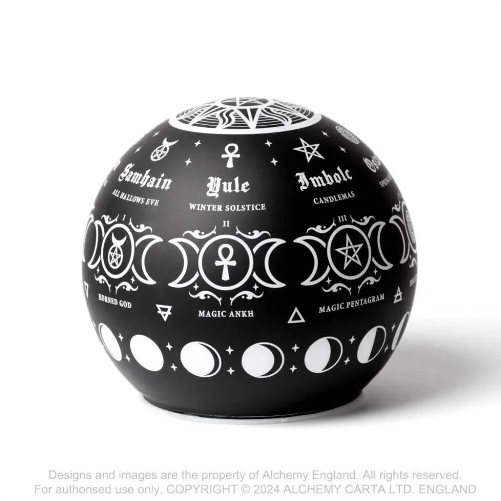 Alchemy Gothic Pagan Calendar LED Globe Light Black Glass Etched Symbols NIB